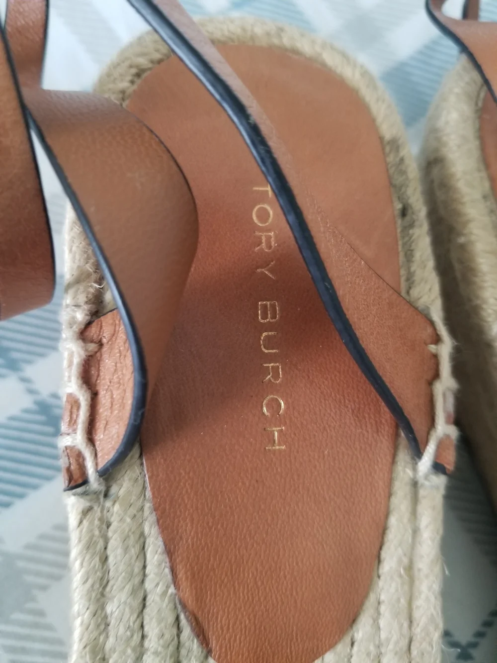 Tory Burch Cognac Leather Logo Espadrille Sandals